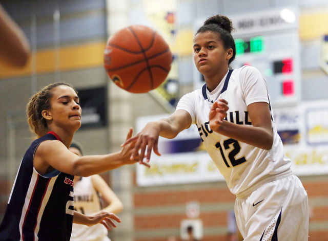 Foothill’s Rae Burrell, right, passes the ball around Coronado’s Liberty Pfeffer ...