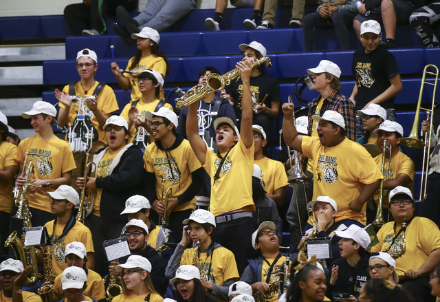 Members of the Clark band cheer during a basketball game at Bishop Gorman High School in Las ...