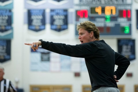 Centennial head girls basketball coach Karen Weitz gives directions from the sideline in the ...