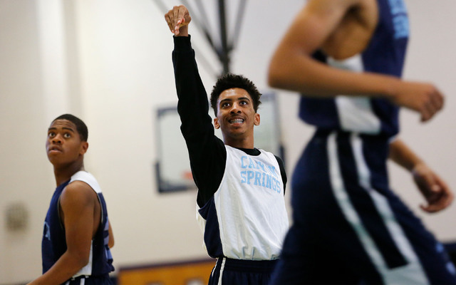 Canyon Springs guard Christopher Hawkins, center, during their practice at the school in Las ...