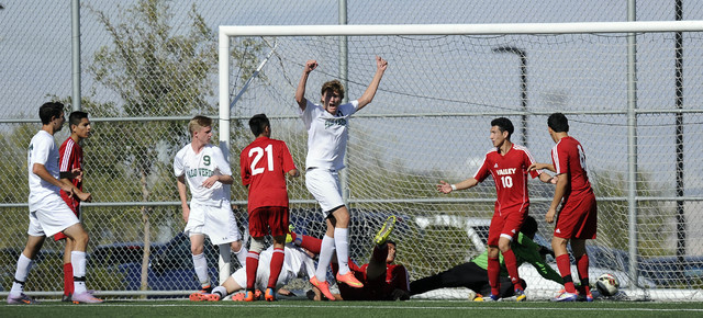 Palo Verde midfielder Erik Karnehed celebrates his winning goal against Valley during the Di ...