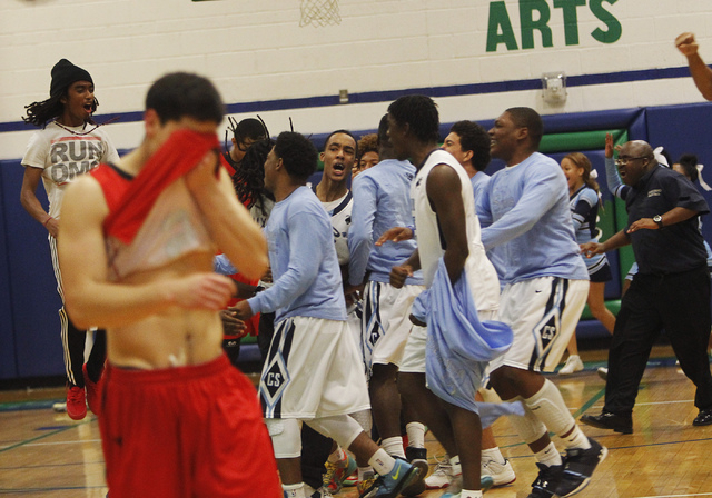 Canyon Springs celebrates after defeating Las Vegas High for the Sunrise Region championship ...