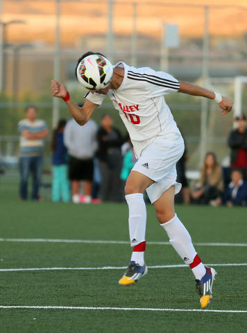 Valley’s Eric Sanchez heads the ball during the Division I boys state semifinals on Fr ...