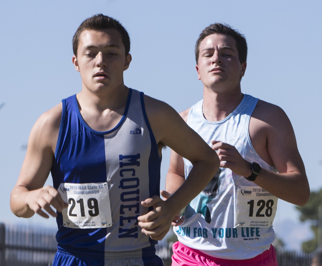 Alex Gousev, left, and Lars Ponsness participate in the boys 4A NIAA State Championship meet ...