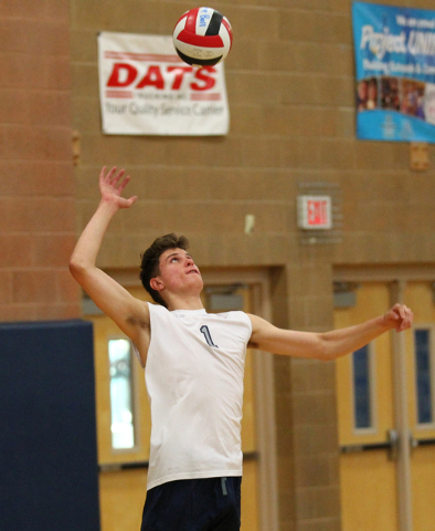 Legacy’s Tanner Compton (1) serves the ball against Cimarron-Memorial on Tuesday. (Cha ...