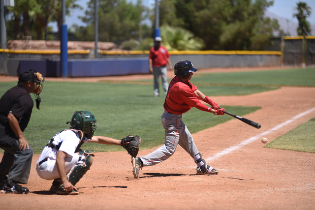 Las Vegas Cats Jarred Herrera swings at a pitch against the Summerlin Panthers during the ch ...