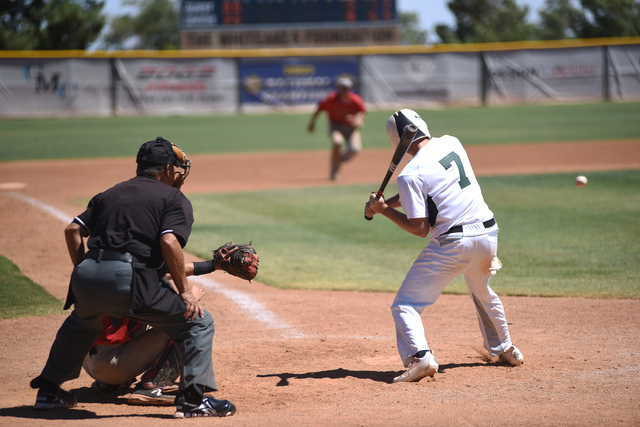 Summerlin Panthers Johnny Condron swings at a pitch against the Las Vegas Cats during the ch ...
