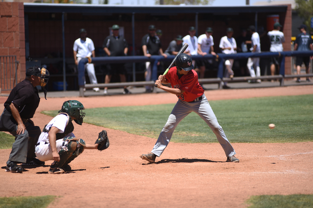 Las Vegas Cats Tristian Fabian looks at a pitch against the Summerlin Panthers during the ch ...