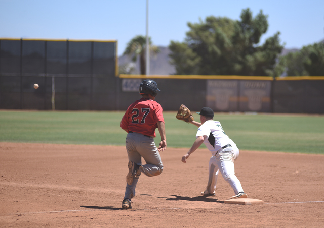 Summerlin Panthers Tanner Lewis (3) catches the ball out at first against Las Vegas Cats Bra ...