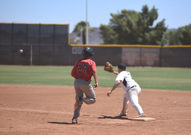 Summerlin Panthers Tanner Lewis (3) catches the ball out at first against Las Vegas Cats Bra ...