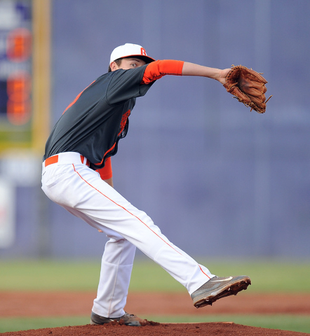 Bishop Gorman starting pitcher Matt Mitchell delivers to Arbor View in the first inning of t ...