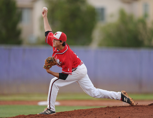 Arbor View starting pitcher Jayce Gardner delivers to Bishop Gorman in the first inning of t ...