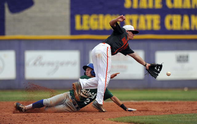 Bishop Gorman shortstop Cadyn Grenier, right, lunges to reach an off-target throw as Green V ...