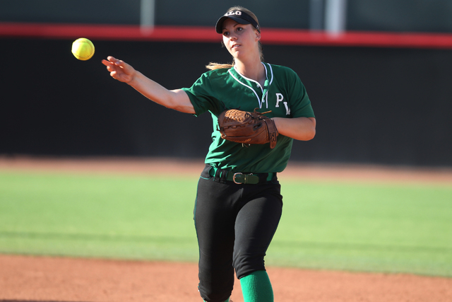 Palo Verde’s Kali Tomlinson (17) throws the ball to first base for an out in the first ...