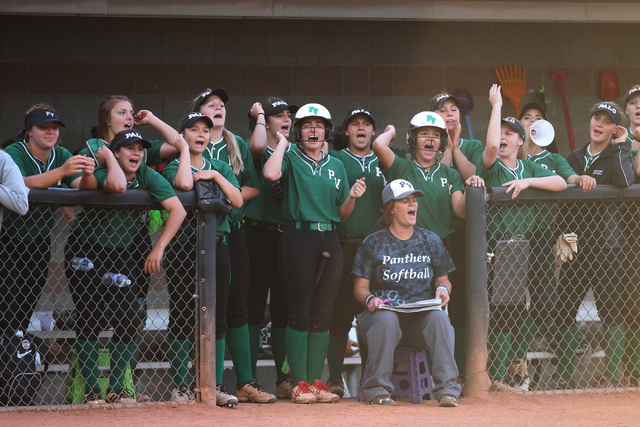 Palo Verde’s players cheer from the dugout in the seventh inning of their softball gam ...