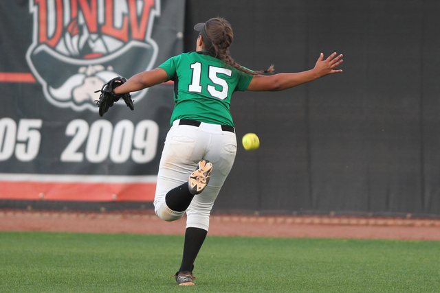 Rancho’s Yvette Sanchez (15) is short of a catch to let the winning run score by Palo ...