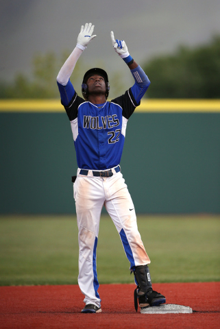 Basic’s J.J. Smith reacts to a play against Centennial in the NIAA DI baseball champi ...