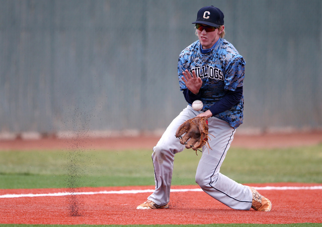 Centennial’s Jake Rogers makes a play against Basic in the NIAA DI baseball champions ...