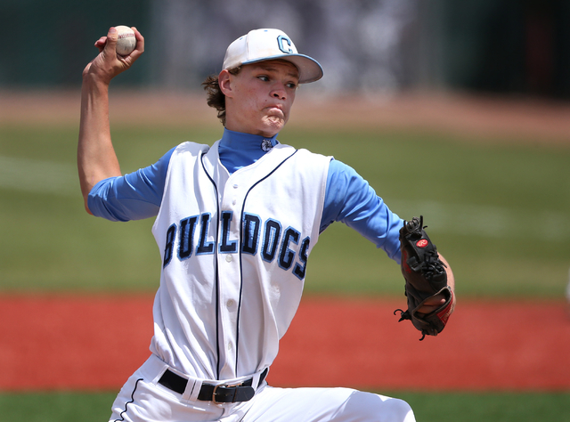 Centennial’s Hayden Rosenkrantz pitches against Galena during NIAA DI baseball action ...