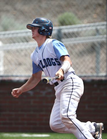 Centennial’s Hayden Grant hits a two-run single during NIAA DI baseball action against ...