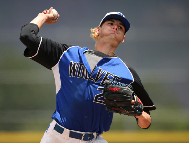 Basic’s Ryne Nelson pitches against Galena High during NIAA DI baseball action at Bish ...