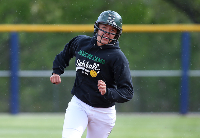 Rancho’s Kayla Coles runs the bases against Reed during NIAA DI softball action at UNR ...