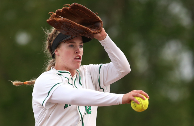 Rancho’s Sam Pochop pitches against Reed during NIAA DI softball action at UNR in Reno ...