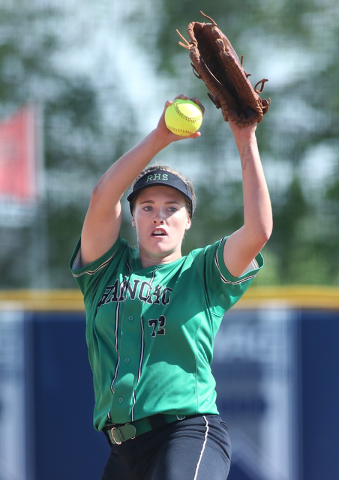 Rancho’s Sam Pochop pitches against Reed High School during NIAA DI softball action at ...