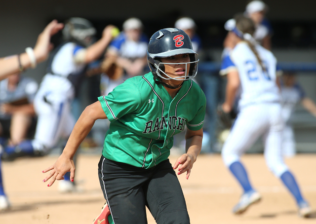 Rancho’s Tiare Lee runs against Reed High Schoolduring NIAA DI softball action at UNR ...