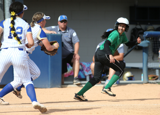 Rancho’s Jazmin Gonzalez gets in caught in a pickle during a NIAA DI softball game aga ...