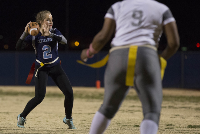 Centennial senior Halli Erickson prepares to pass the ball during a game against Cimarron-Me ...