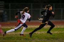 Cimarron-Memorial’s Haylei Hughes (18) runs for the end zone past Coronado’s Cai ...