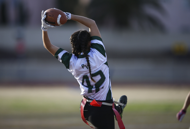 Palo Verde’s Gianni Terrana (42) catches a pass during the Sunset Region flag football ...