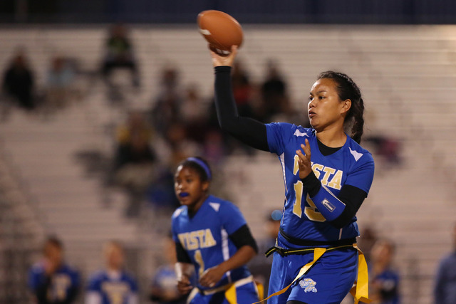 Sierra Vista senior Kalei Watkins passes the ball at Sierra Vista High School on Thursday, F ...