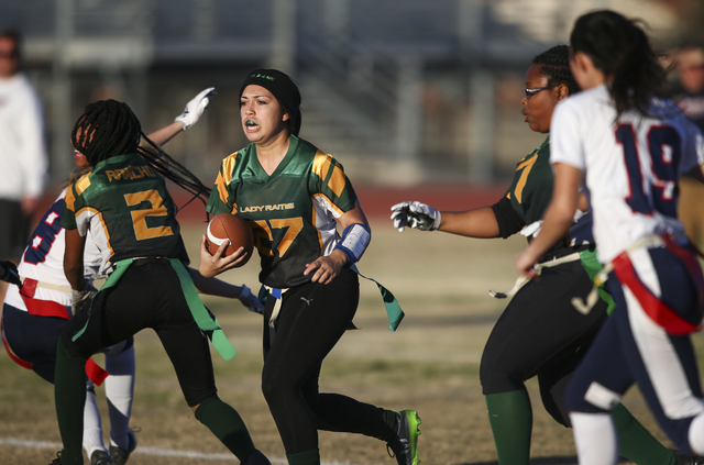 Rancho’s Katerina Anthony (27) runs the ball against Coronado during a flag football g ...