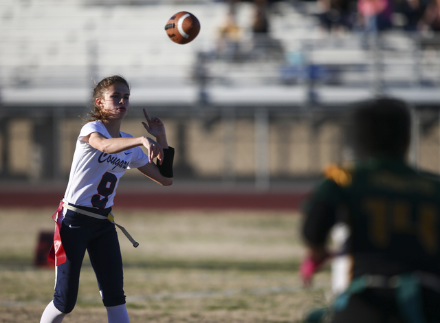 Coronado’s Caitlin Shannon (9) passes the ball during a flag football game against Ran ...