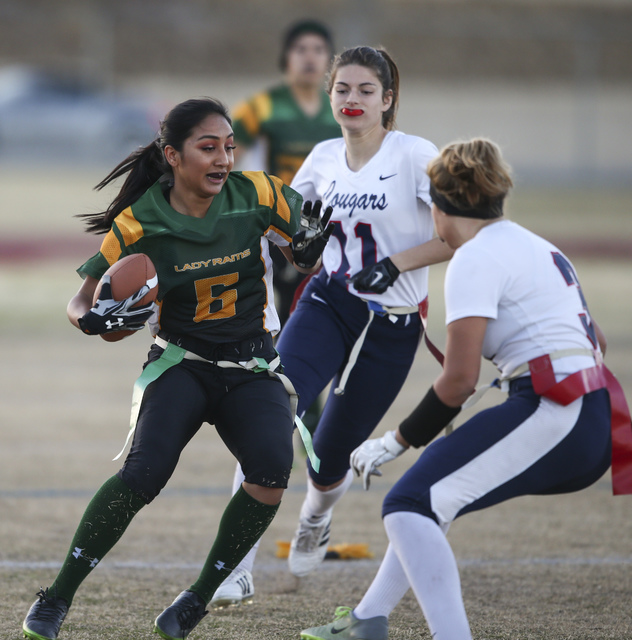 Rancho’s Christina Parada (6) runs the ball against Coronado during a flag football ga ...