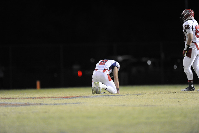 Coronado kicker Spencer Cofer (13) reacts after his game-winning field goal attempt missed a ...