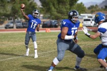 Desert Pines Tyler Williamson (19) throws the ball against South Tahoe during their 3A state ...