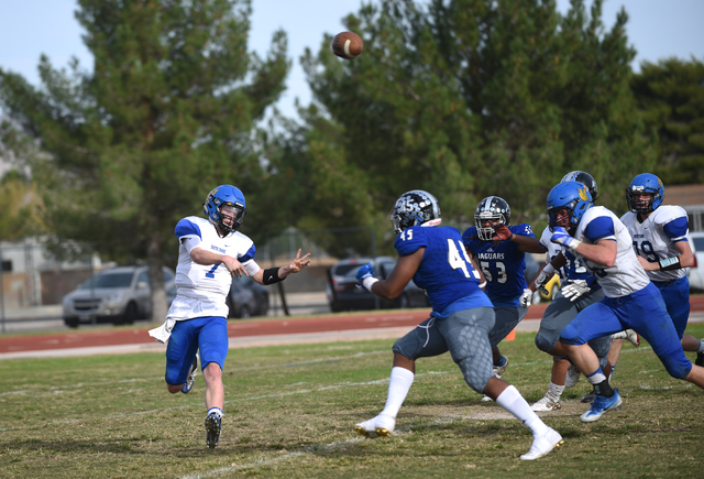 South Tahoe’s Tommy Cefalu (7) throws the ball against Desert Pines during their 3A st ...