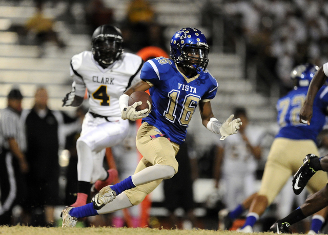 Sierra Vista safety Javion Hunt returns an interception in the first quarter Thursday agains ...