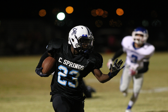 Canyon Springs’ Zaviontay Stevenson, seen carrying the ball against Green Valley last ...
