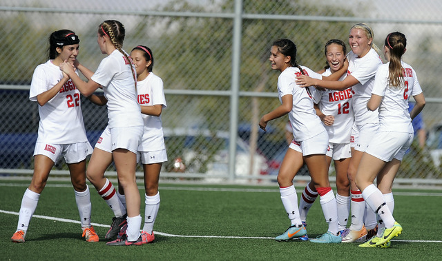 Arbor View players celebrate a goal against Coronado during the Division I girls state socce ...