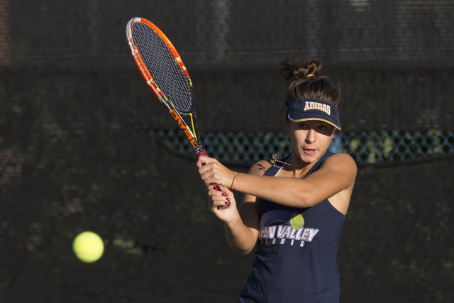 Green Valley’s Daria Shalina plays a tennis game against Coronado’s Hannah Gross ...