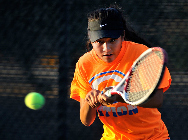 Bishop Gorman’s Amber Del Rosario eyes the ball during her Sunset Region singles champ ...