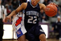 Centennial’s Teirra Hicks drives by Bishop Gorman’s Maddison Washington during t ...