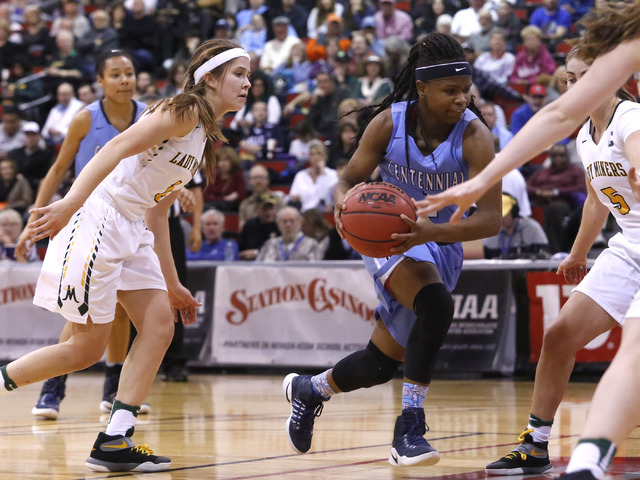 Centennial’s Pam Wilmore (1) dribbles during the second half of a Class 4A girls state ...