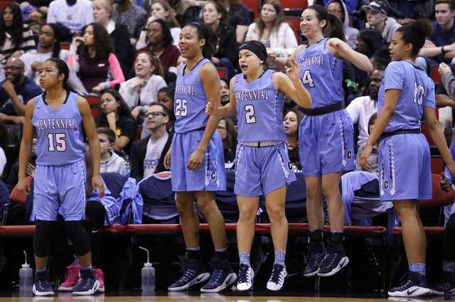 Centennial player react during the second half of a Class 4A girls state final game at the C ...
