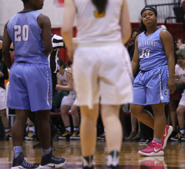 Centennial’s Tylise Taylor (30) reacts during the second half of a Class 4A girls stat ...