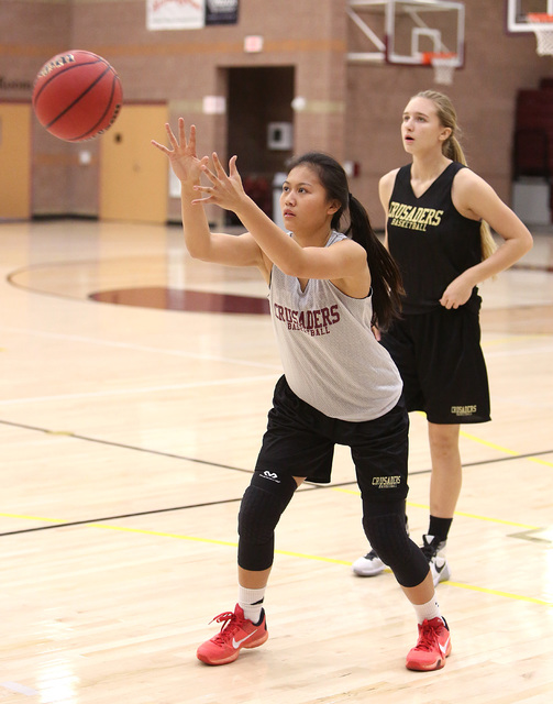 Faith Lutheran’s Madison Bocobo receives the ball during the team’s practice, Mo ...
